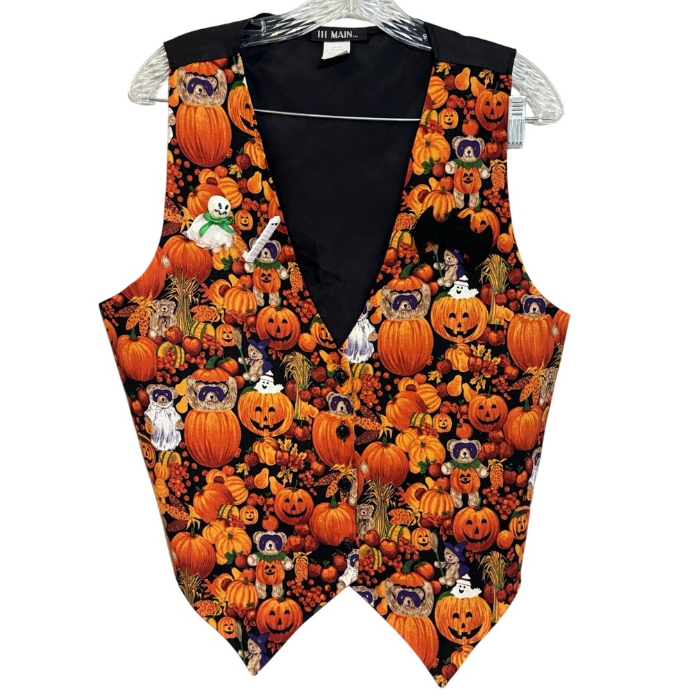 111 Main Halloween Pumpkin Teddy Bear Ghost Vest Large Black Orange Novelty 2204